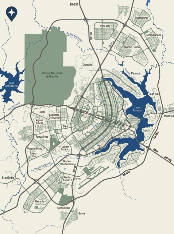 Mapa do Distrito Federal — o Plano Piloto e regiões como mapa de rota